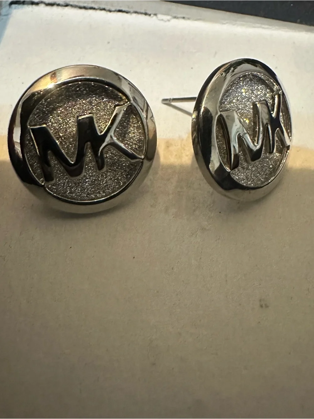 Michael Kors Silver Glitter MK Logo Stud Earrings